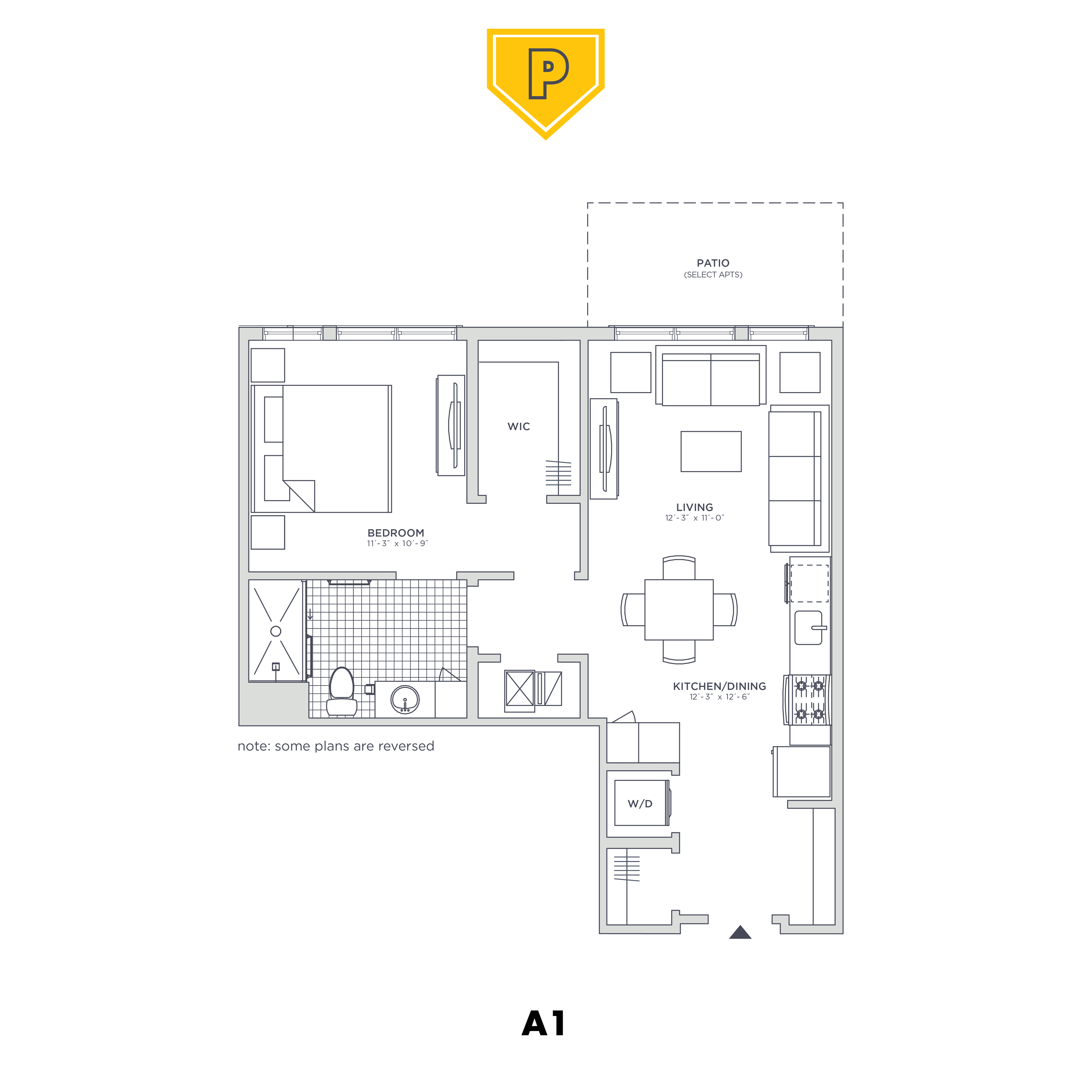 Floor plan for 1 bed, 1 bath, 714 sqft
